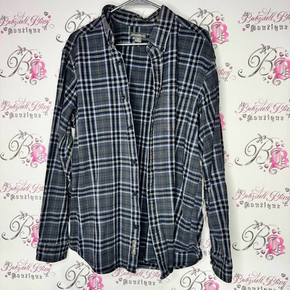 Eddie Bauer Blue grey black White Plaid Button-Up Shirt cottage outdoor